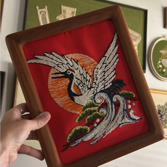 Other - Embroidered Crane Art in Wooden Frame
